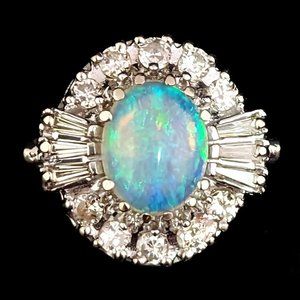 Vintage Jelly Opal Diamonds 14k White Gold Cocktail Ring Statement Estate Gift